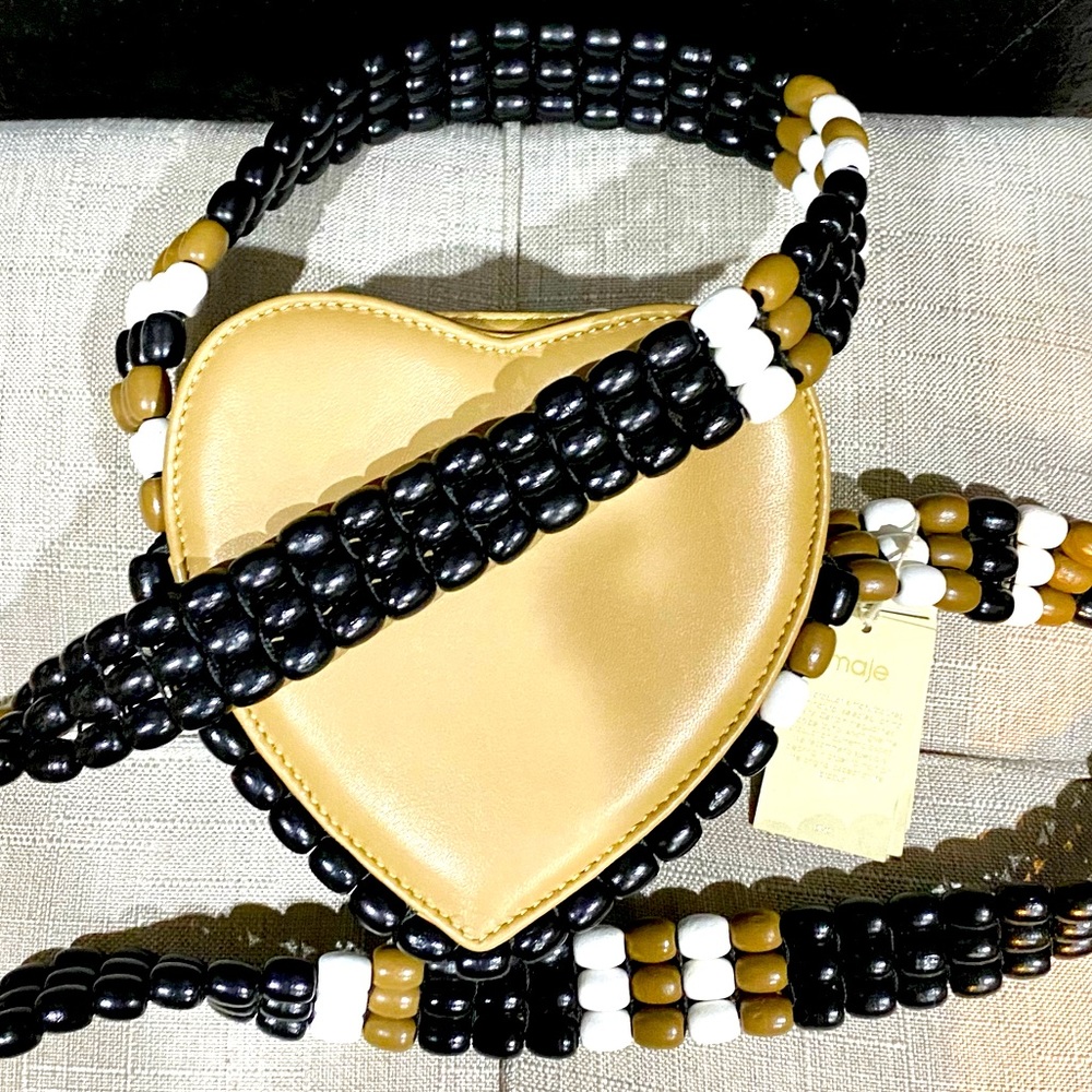 Maje Wooden Bead Black Tan & White Heart Bag NWT - Picture 15 of 16